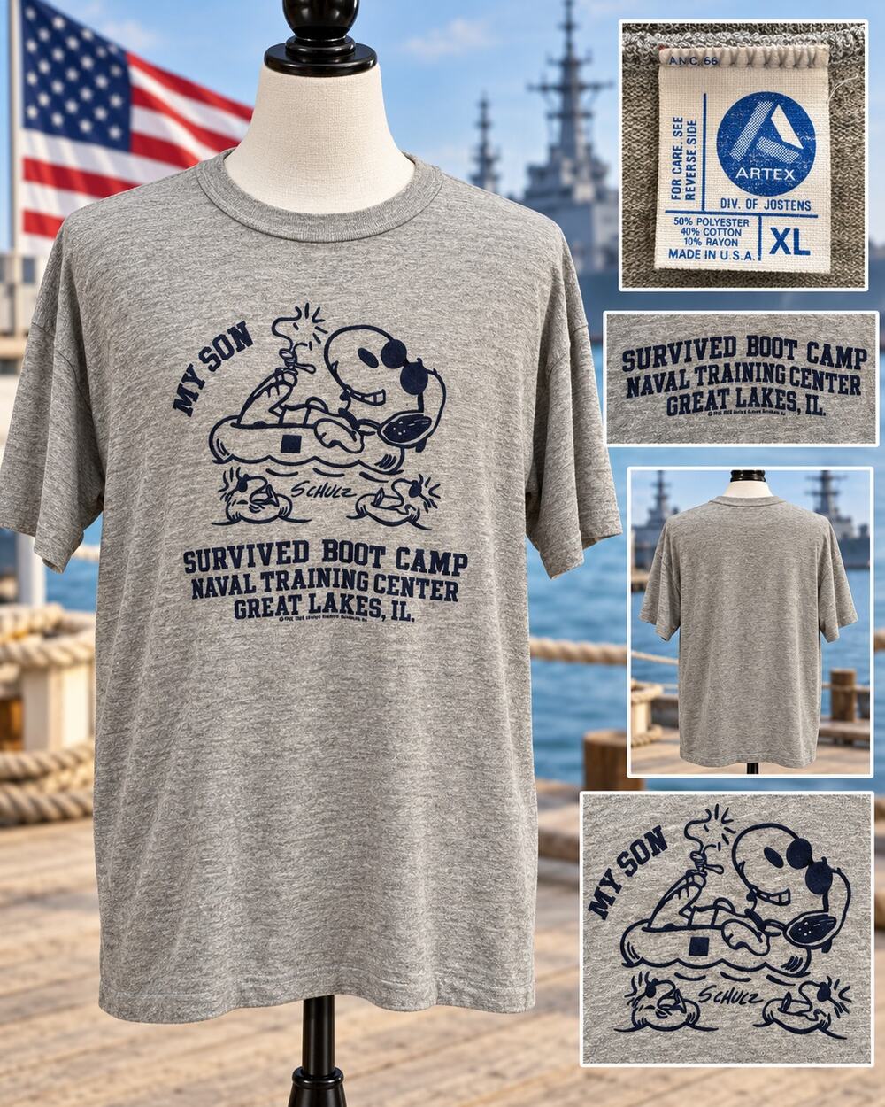 Vintage Artex Snoopy Peanuts Navy Boot Camp Great Lakes T-Shirt XL 1965